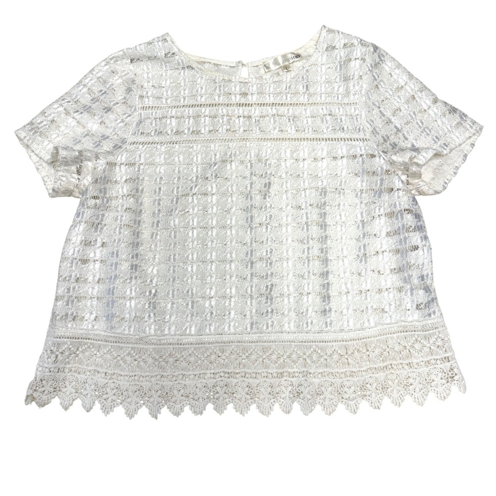Aniina White Lace Short Sleeve Crochet‎ Hem Keyhole Back Blouse Large Cottagcore